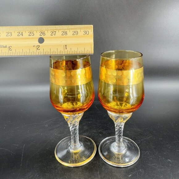 Vintage Czech Bohemian Small Goblet Drinking Glasses Set 2 Amber Clear Bottom - Picture 8 of 10